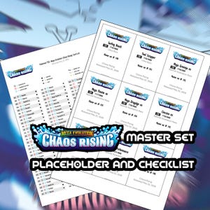 Può includere: Due fogli bianchi con testo e immagini relativi a un gioco di carte. Un foglio è una lista di controllo, l'altro mostra immagini di carte con il testo "Chaos Rising" e nomi di carte come "Surfing Beach" e "Mega Greninja ex".