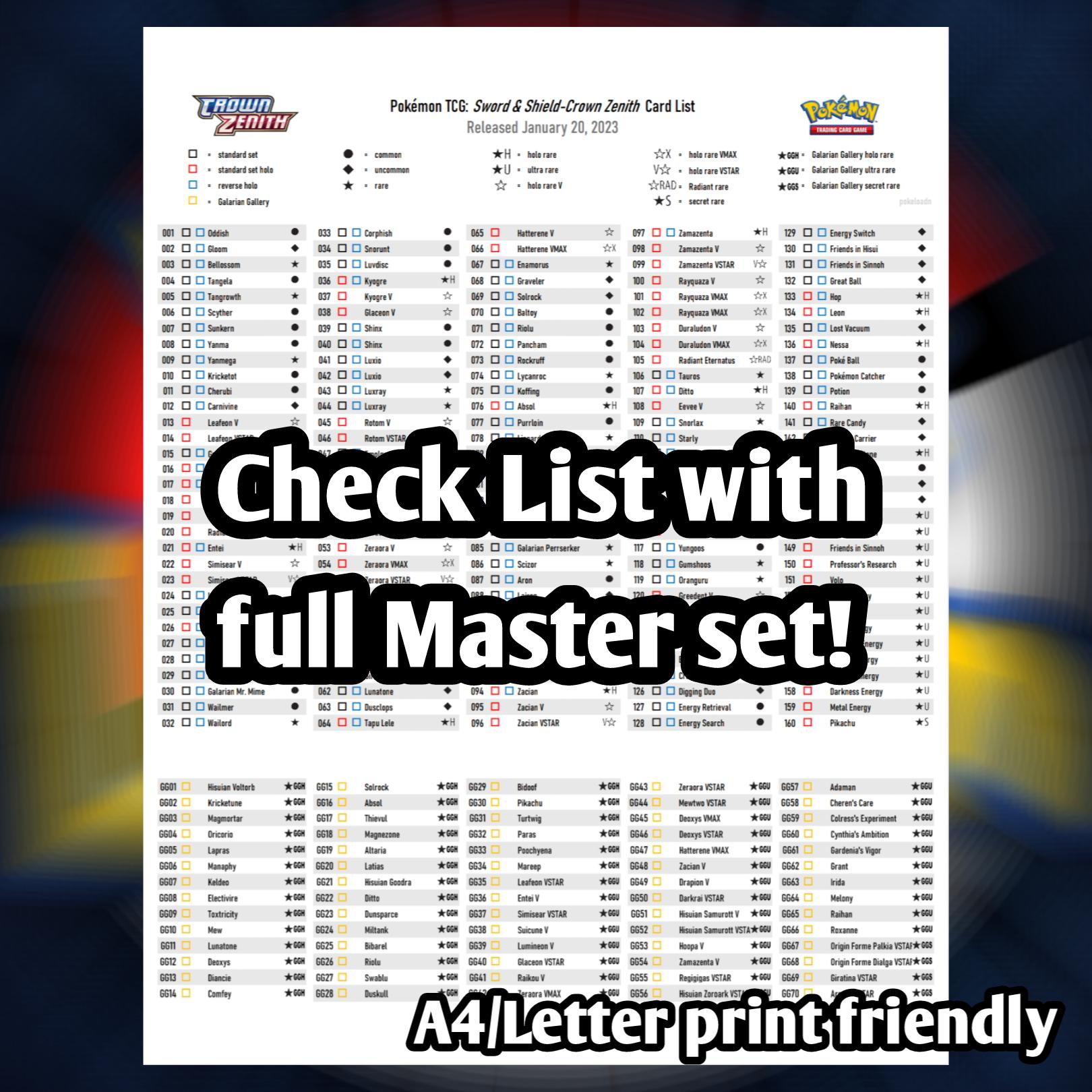 Pokemon TCG Crown Zenith Binder Placeholder and Checklist Master Card List  Digital Download Sword and Shield - Etsy