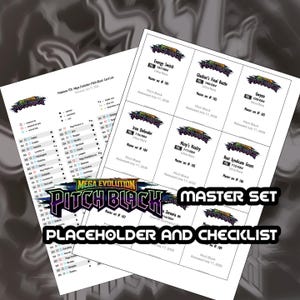 May include: A white paper checklist for the Mega Evolution Pitch Black trading card set. The document features a list of card names, numbers, and rarity symbols, alongside a grid of individual card placeholders labeled with specific titles.