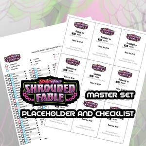 Op de afbeelding: Een checklist en placeholder voor de "Scarlet & Violet - Shrouded Fable" Pokémon TCG Master Set. De afbeelding toont kaarten met het "Shrouded Fable" logo, kaartnamen en set-informatie. De checklist bevat een lijst met kaarten.
