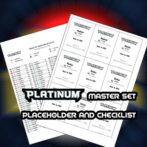 以下が含まれることがあります： ポケモンTCGプラチナマスターセットに関連するテキストとグラフィックが記載された2枚の白い紙。1枚はチェックリストで、もう1枚はカード名、セット番号、発売日などのカードの詳細を表示しています。