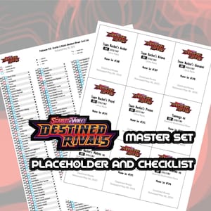 Może przedstawiać: Lista kontrolna i symbol zastępczy dla zestawu kart Pokémon TCG Scarlet & Violet - Destined Rivals. Obraz zawiera listę i karty z logo "Destined Rivals" oraz tekst "Master Set" i "Placeholder and Checklist".