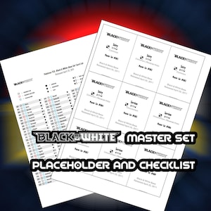 以下が含まれることがあります： 「BLACK & WHITE MASTER SET PLACEHOLDER AND CHECKLIST」の文字とグラフィックが印刷された2枚の白い紙。カードの詳細が記載されており、「Snivy」と「Servine」のセット番号と発売日が含まれています。