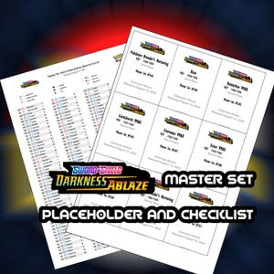 May include: Two white sheets with text and graphics related to the Pokémon TCG Sword & Shield Darkness Ablaze set. One sheet is a checklist, and the other displays card details, including card names, set numbers, and rarity.