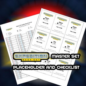 May include: Two white sheets with text and images related to the Pokémon TCG Expedition Base Set. One sheet is a checklist, and the other displays card details, including card names, set numbers, and rarity information. The text "Expedition Base Set" is prominently displayed.