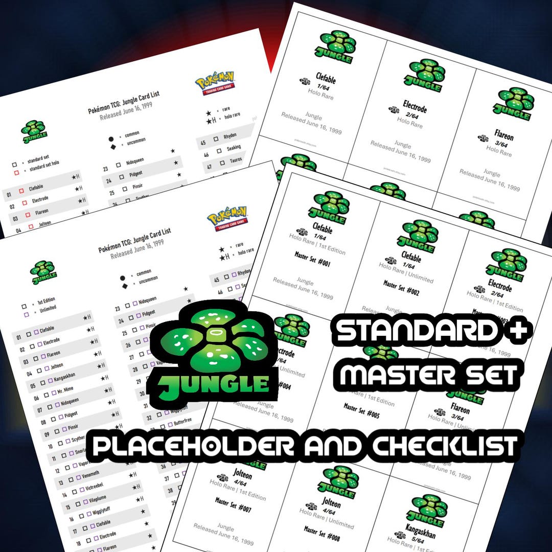 pokemon tcg standard card list Jungle Set Binder Placeholder and Checklist Master Digital Download 1st Edition and Unlimited Pokemon Play! Prize Pack series