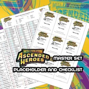 Peut inclure: Une liste de contrôle et un espace réservé pour le jeu de cartes à collectionner Mega Evolution Ascended Heroes. L'image présente une liste de cartes et une liste de contrôle de l'ensemble principal. Les cartes sont étiquetées avec le logo Ascended Heroes.