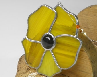 Poppy Flower Stained Glass Suncatcher | Yellow Poppy Flower Window Hanging Gift and Ornament | Perfect Gift | Home decor