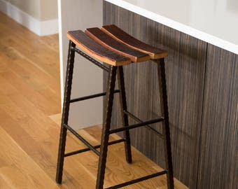 Counter Height Wine Barrel Stave Saddle Stool With Metal Base