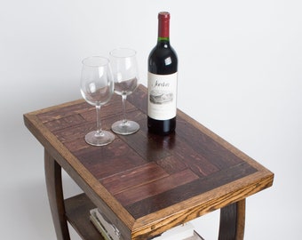 Wine Stave Side Table with Shelf, Dark Walnut Finish