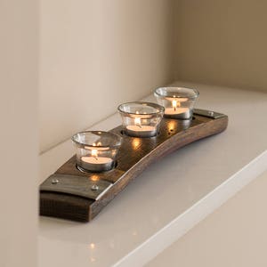 Votive Candle Holder, Wood - Wine Barrel Stave - Reclaimed Wood - Glass Holders - 3 Candle with Bands