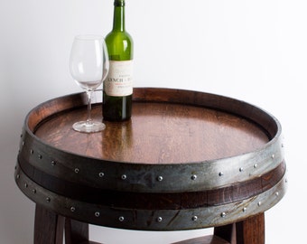 Red Mahogany Stained Wine Barrel End Table with Cross Braces