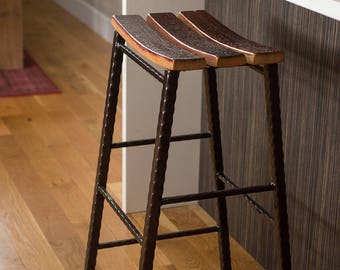 Bar Height Wine Barrel Stave Saddle Stool With Metal Base
