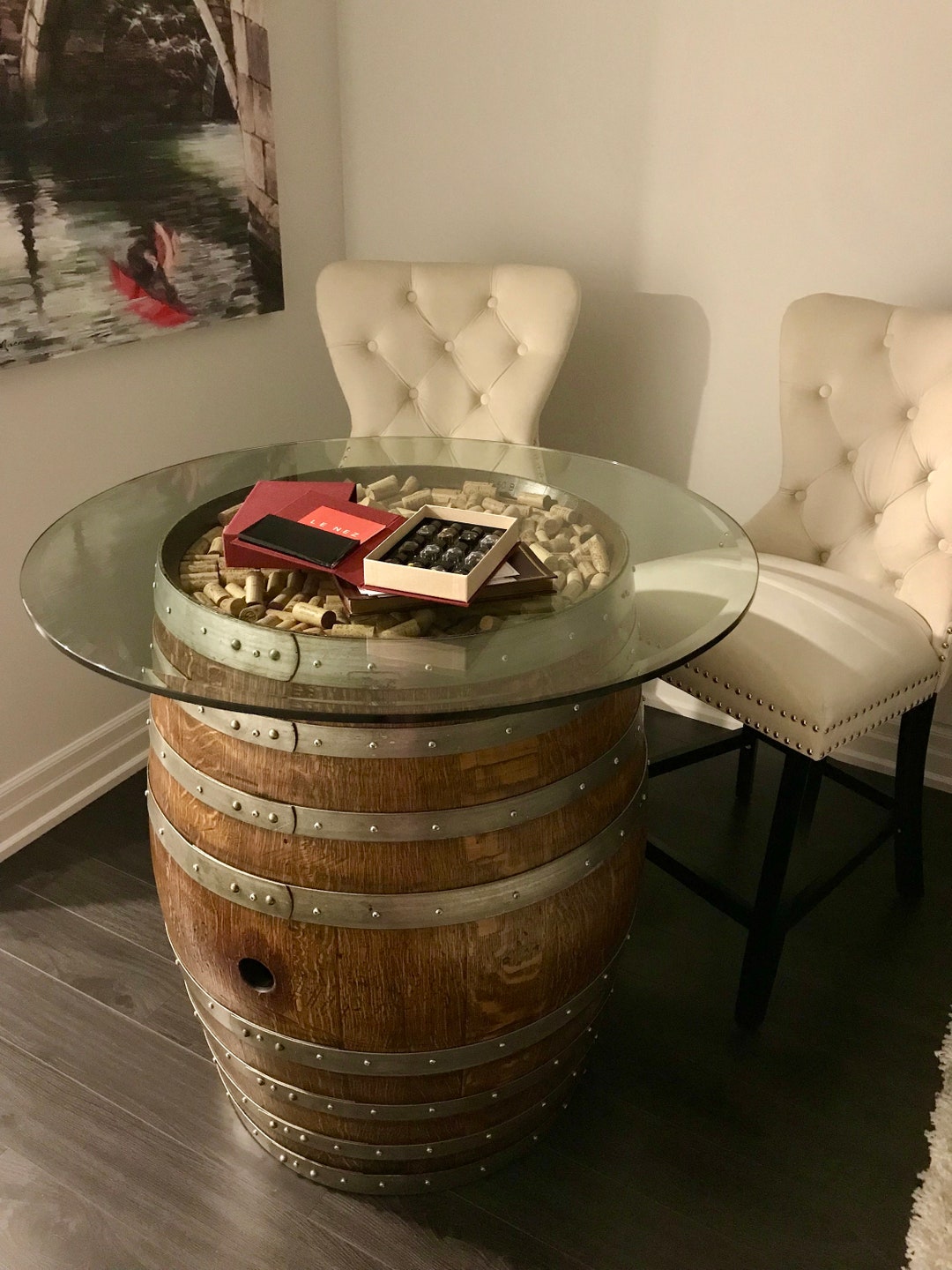 Wine Barrel Entry Table With Cork and Glass Top, Dark Walnut Finish - Etsy