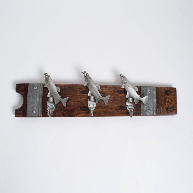 Small Pewter Trout Wine Barrel Coat Rack, Choice of Finish Red Mahogany finish