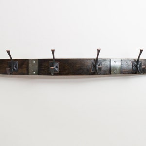 Banded Wine Barrel Coat Rack with Square Oil Rubbed Bronze Hooks, Choice of Finish Dark Walnut
