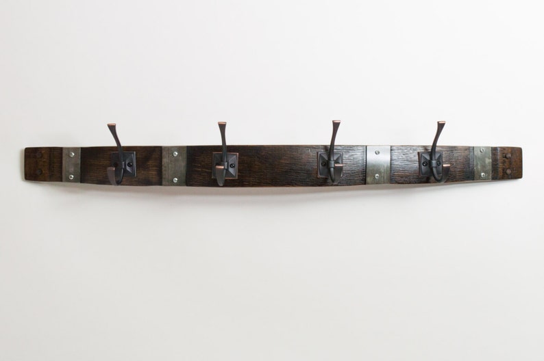 Banded Wine Barrel Coat Rack with Square Oil Rubbed Bronze Hooks, Choice of Finish Dark Walnut