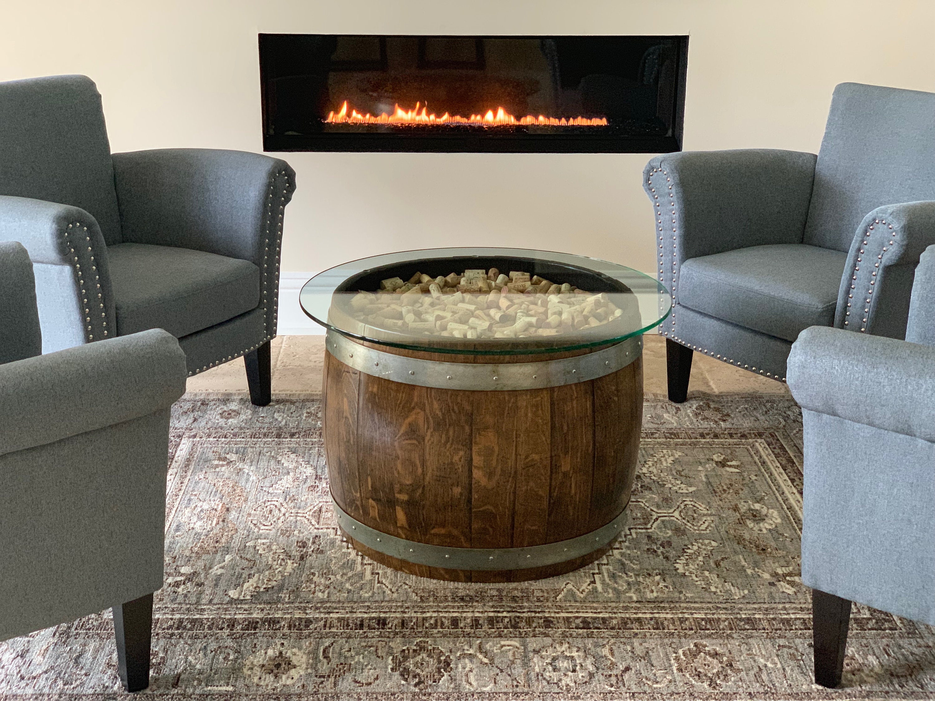 Wine Barrel Coffee Table With Cork and Glass Top Dark Walnut