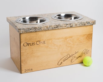 Large Opus One Wine Crate Dog Feeder with Granite Top