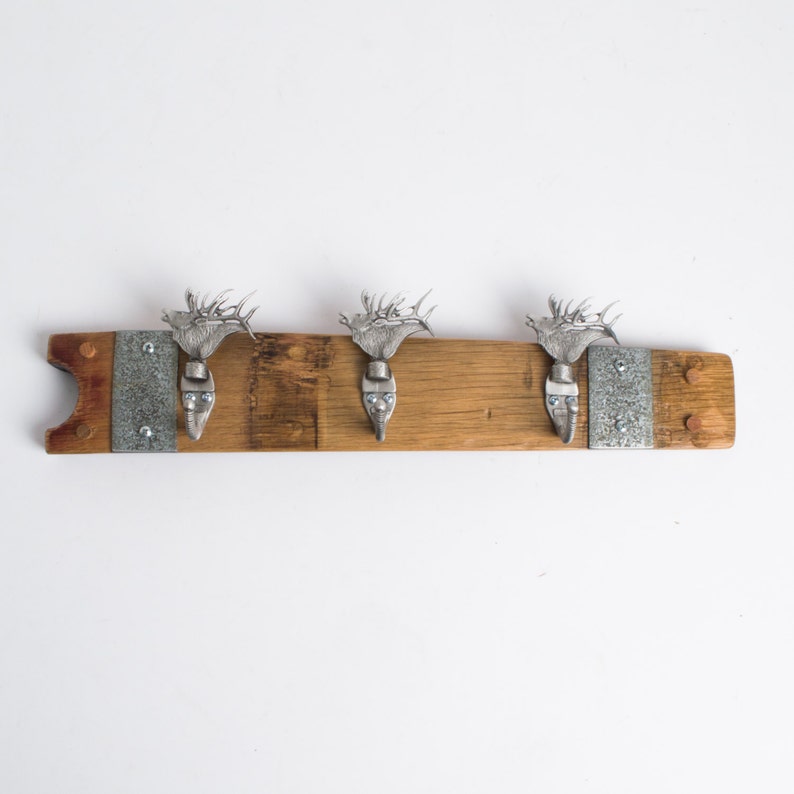 Small Pewter Elk Wine Barrel Coat Rack with Bands, shops Choice of Finish