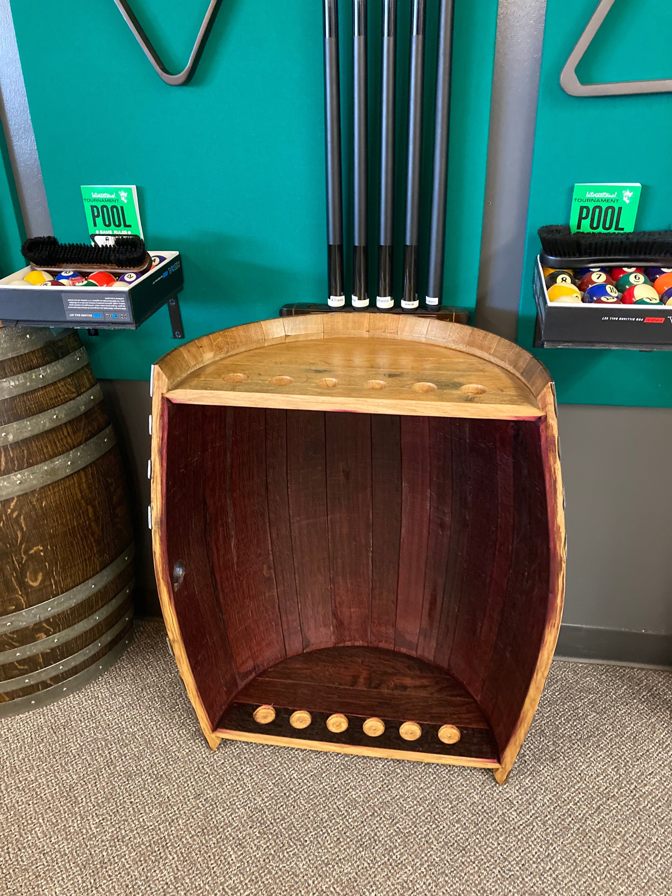 Wine barrel pool cue rack hotsell