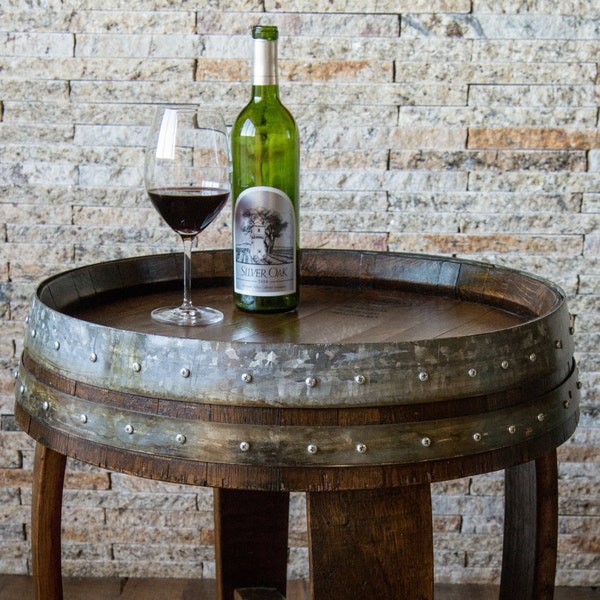 Dark Walnut Stained Wine Barrel End Table with Cross Braces