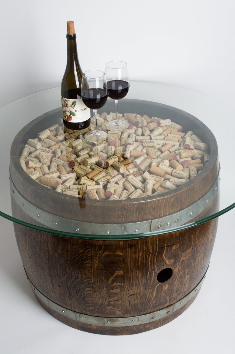 Wine Barrel Coffee Table with Cork and Glass Top, Dark Walnut Finish image 3