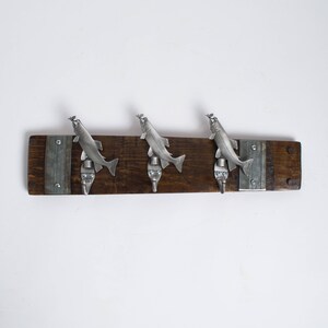 Small Pewter Trout Wine Barrel Coat Rack, Choice of Finish Dark Walnut finish