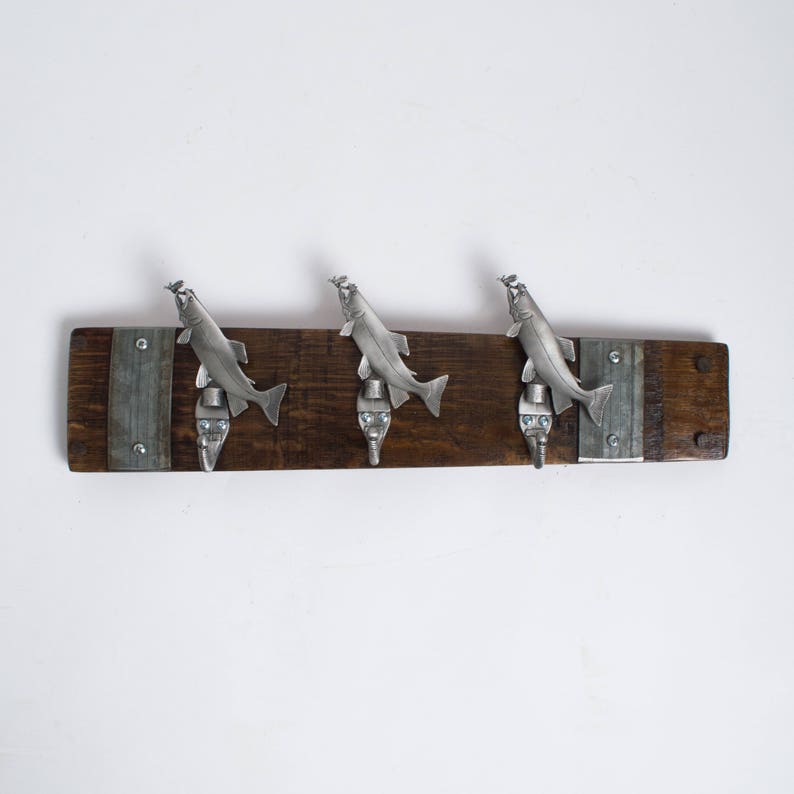 Small Pewter Trout Wine Barrel Coat Rack, Choice of Finish Dark Walnut finish