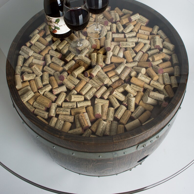 Wine Barrel Coffee Table with Cork and Glass Top, Dark Walnut Finish image 4