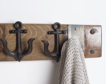 Weathered Gray Wine Barrel Coat Rack with Anchor Hooks