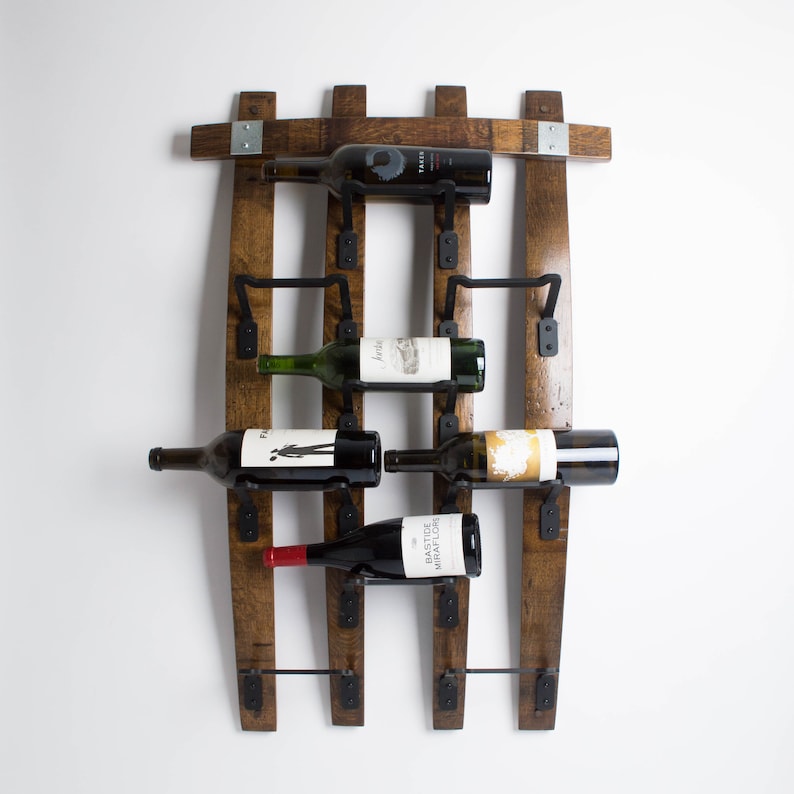 Barrel Stave Wall Wine Rack With Black Metal Bottle Brackets Etsy