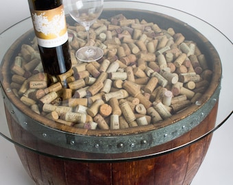 Natural Wine Barrel Coffee Table with Cork and Glass Top