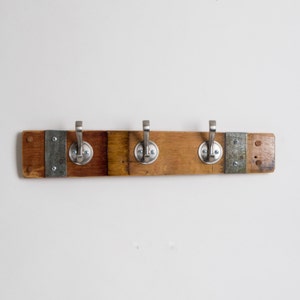 Small Banded Wine Barrel Stave Coat Rack with Round Nickel Hooks, Choice of Finish