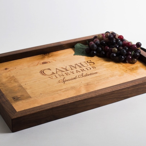 Caymus Vineyard Serving Tray: Reclaimed Wood Wine Box, Walnut Frame