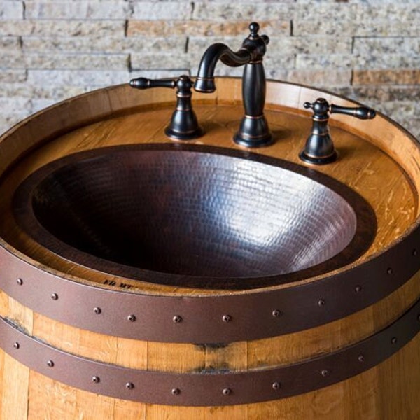 Wine Barrel Bathroom Vanity: Hammered Copper Sink, Rustic Oak