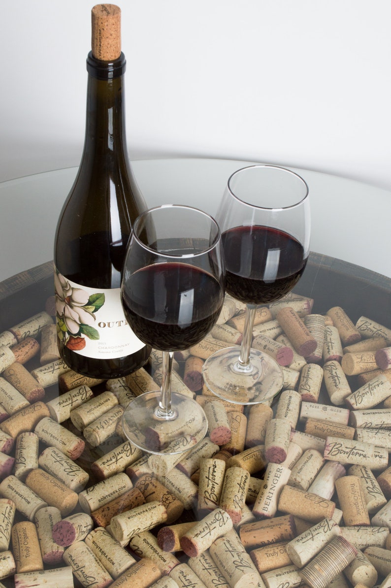 Wine Barrel Coffee Table with Cork and Glass Top, Dark Walnut Finish image 5