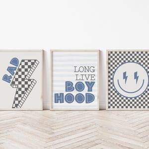 set of 3 boys room wall art decor | digital print poster | checkered boys room decor | long live boyhood | printable wall art | toddler room