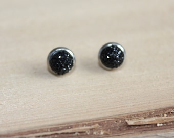boucles d'oreilles, stud, petite boucle, bijou enfant, puce d'oreille, clou d'oreille, femme, acier inox, noir chic, délicate, brillante
