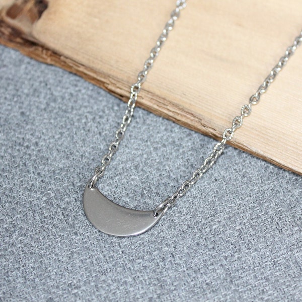 collier, croissant de lune, acier inoxydable, bijou minimaliste, pendentif, lune argent, bijou délicat, cadeau pour elle, collier court