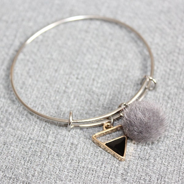 chique armband, roestvrij staal, stijve armband, zilver, driehoek charme, grijs pompom juweel, armband, inzet, charme armband