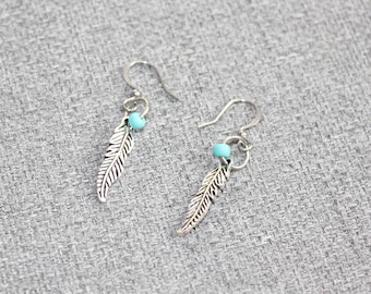 Pendiente, bisutería, regalo para ella, turquesa, larga, pluma. pluma, hecho en quebec, etsyquebec, joyería nica nica, delgada