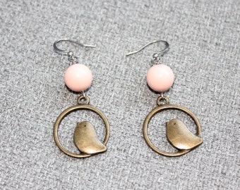 boucles d'oreilles, bijou corail, oiseau, classique, pendante, pendentif, naturel, animal, cadeau noel femme, bijou bronze, bijou cute