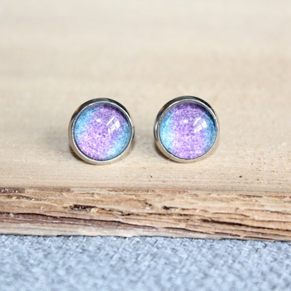 boucles d'oreille, sur tige, clou d'oreille, délicat, acier inoxydable, cabochon, fait au Québec, mauve, bijoux brillants, scintillant