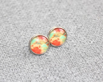 boucles d'oreille sur tige, bijoux québécois, bijoux femme, clou d'oreille, acier inoxydable, cabochon, fait au Québec, bohème, fleur, boho