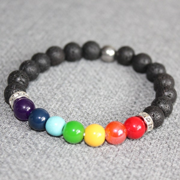 ca va bien aller, bracelet, arc-en-ciel, chakra, bijoux, pierre de lave, bracelet pierres, bracelet diffuseur, huile essentielle, quebec