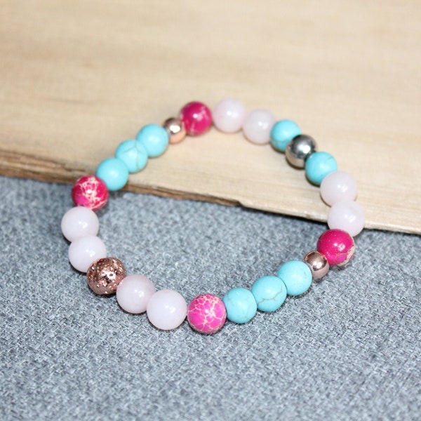 bracelet perlés, bracelet empilable, pierres fines, pierres précieuses, bracelet or rose, quartz rose, turquoise, bracelet diffuseur