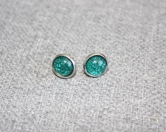 Onda concorso, orecchini su stelo, orecchini, piccoli orecchini, acciaio inossidabile, cabochon, realizzato in Quebec, acqua