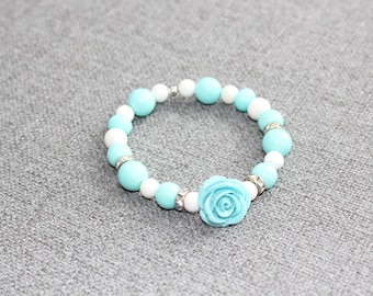 bracelet, perle, chic, fleur, flower, fleur resine, perle ronde, turquoise, beige, bracelet pour elle, vintage, romantique, classique