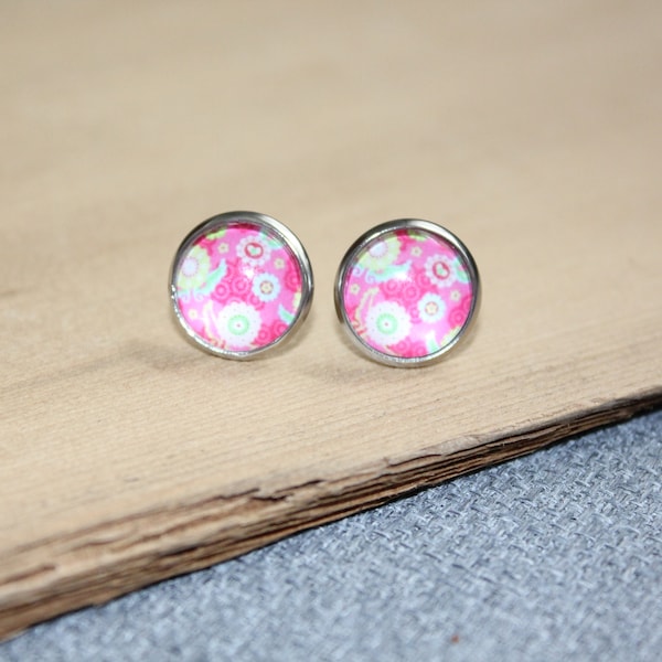 boucles oreilles, sur tige, clou oreille, délicate, acier inoxydable, cabochon, fait au Québec, vintage, bohème, fleuri, bijoux rose, fleur